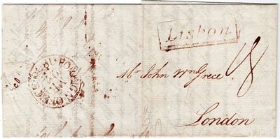 Pré-filatelia. A marca LISBON. Carta expedida de Lisboa a 1 Fevereiro 1800, entregue ao agente 