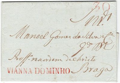 Pré-Filatelia Portugal, Viana do Minho. VCT 1 (R5) vermelho, 13.2.1806, porte 30 primitivo. MB.