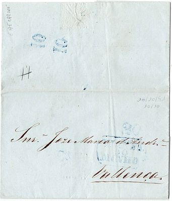 Pré-filatelia. Carta expedida de Viana do Minho a 10.10.1841, marca nominativa VCT 6 (R5) e 