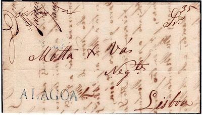 Pre-filatelia. ALAGOA a azul LF LGA1rar7 em carta de Lagoa, 8.2.1841 para Lisboa 19.2, porte 