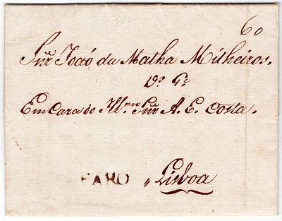 Pre-filatelia. FARO a sépia LF FAR1 rar4 em carta de Faro, 12.2.1820 para Lisboa, porte 60 