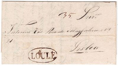 Pre-filatelia. LOULÉ a sépia LF LLE2 rar4 em carta de Loulé 20.8.2840 para Lisboa?.6, porte 35. 
