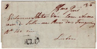 Pre-filatelia. LOULÉ a preto LF LLE2 rar10 em carta de Loulé15.11.1846 para Lisboa 28.6 (erro 