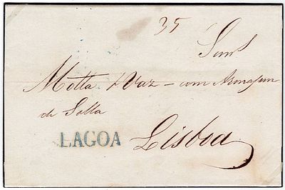 Pre-filatelia. LAGOA a azul/esverdeado LF LGA3 rar4 em carta de Lagoa, 8.2.1852 para Lisboa 