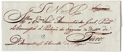 Pre-filatelia. LAGOS a azul LF LGS3 rar6 em carta de Lagos 7.3.1839 para Faro, isenta de porte 