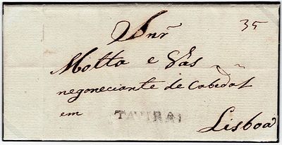 Pre-filatelia. TAVIRA a preto LF TVR3 rar10 em carta de Tavira 3.1.1846 para Lisboa 7.1, porte 
