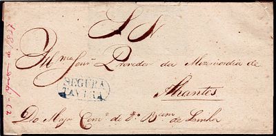Pre-filatelia. SEGURA TAVIRA a azul LF TVR-S2 rar9 em carta de Tavira 2.11.1837 para Abrantes. 