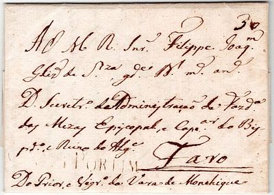 Pre-filatelia. Vª Nª PORTIM a sépia LF PTM1 rar7 em carta de Monchique 19.8.1813(!) para Faro 