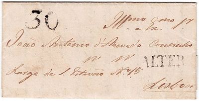Pre-filatelia. ALTER a preto LF ALT1 rar4 em carta de Alter 18.1.1851 para Lisboa 22.1, porte 