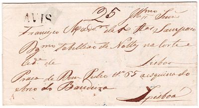 Pre-filatelia. AVIS a preto LF AVS1 rar4 em carta de Avis 8.11.1847 para Lisboa 15.11, porte 25 