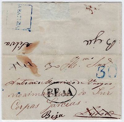 Pré-filatelia. Carta expedida de Beja (BJA 4) a 30.7.1851, destinada a Lisboa. Em Beja foi 
