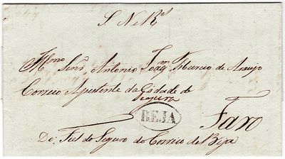 Pre-filatelia. BEJA SEGURA preto LF BJA-Sms2 rar10 em carta de Beja não datada (mas1850 a 1853) 