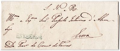Pre-filatelia. ESTREMOZ a verde LF ETZ2 rar4 em carta de Veiros 13.11.1834 para Évora. Isenta 