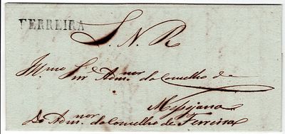 Pre-filatelia. FERREIRA a preto LF FAL1 rar7 em carta de Ferreira 26.2.1852 para Messejana. 