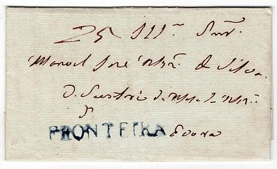 Pre-Filatelia. FRONTEIRA a azul LF FTR1 rar7 em carta de Fronteira 2.7.1836 para Évora, porte 