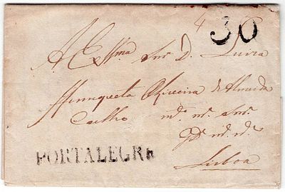 Pre-filatelia. PORTALEGRE a preto LF PTG1 em carta de Portalegre 8.4.1829 para Lisboa, porte 30 