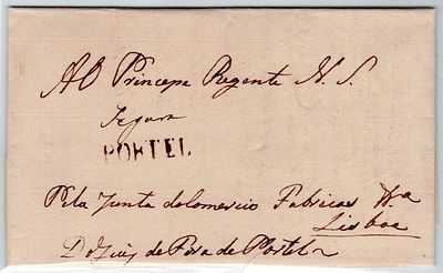 Pré-filatelia. Carta de Serviço, com a inscrição “Ao Príncipe Regente, N.S”, segura em Portel 