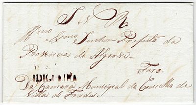 Pre-filatelia. VIDIGUEIRA a sépia LF VDG1 rar6 em carta de Vila dos Frades 22.7.1831para Faro 