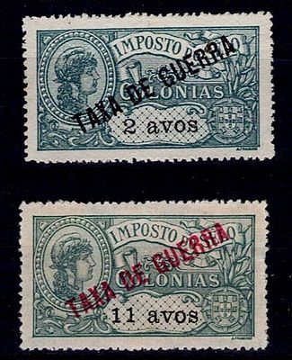 Colonies of Asia - Macau and Timor 1919 revenue stamps with War Tax overprint. Complete series 