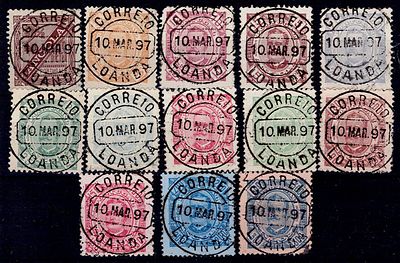 Angola 1893-94 D. Carlos I, Diogo Neto type. Complete series of Mf#24-36, plain paper / 
