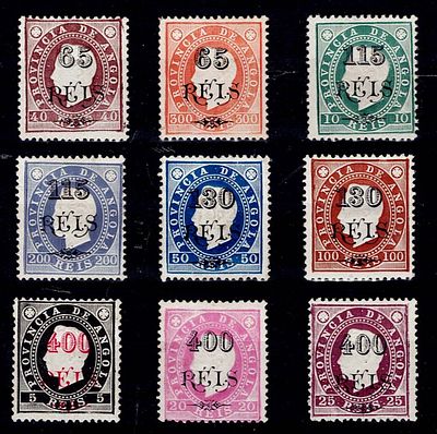Angola 1902 – D. Luís I. Straight band. With surcharge. Complete series Mf#53-61 of new stamps 