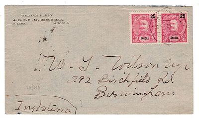 Angola. Issued by D. Carlos Mouchon, Letter sent from Benguela on 20 February 1906, to 