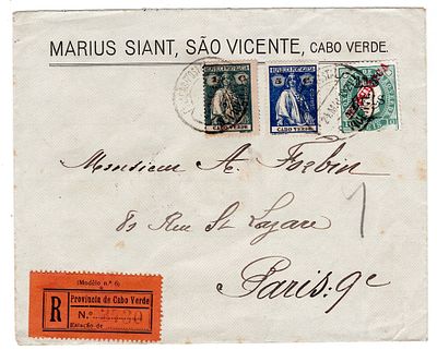 Cape Verde. Registered letter from São Vicente to Paris, 17-cent postage consisting of Ceres 