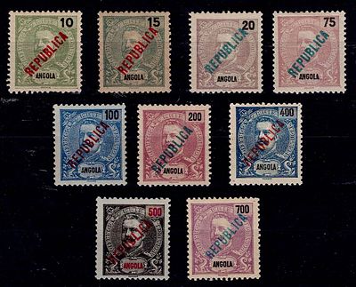 Angola 1914 D. Carlos, Mouchon type with local overprint REPUBLICA. Complete series Mf#518-166 