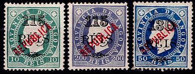 Angola 1914 D. Luis straight-edge with surcharge and local REPUBLICA overprint. Complete series 