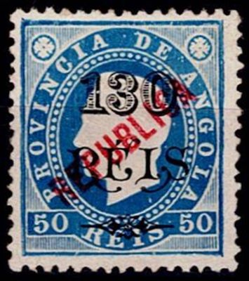 Angola 1914 D. Luis straight ribbon with surcharge and with local REPUBLIC overprint. Stamp 
