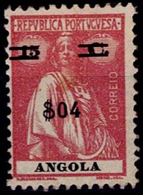 Angola 1921 Ceres with surcharge, locally typed. Stamp MF#199b, $04 s/ 15 c. mauve pink 
