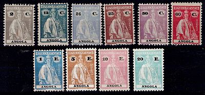 Angola 1925-26 Ceres, new colors and values. Complete series Mf#212-221, thick smooth and 