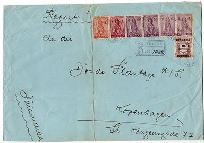 Angola. Letter registered in Dondo to Denmark, via Lisbon, 2 December 1936, postage of 9.75 