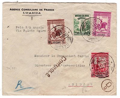 Angola. Letter from Luanda 8.9.1939, sent by SS ANGOLA, via POINTE NOIRE, 11.9, to ABIJAN 