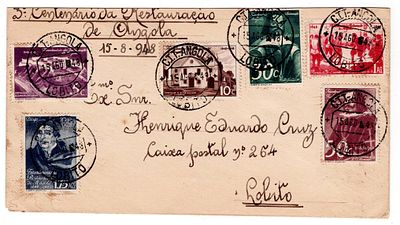 Angola. Centenary of the Restoration. Letter from Lobito, August 15, 1948, with stamps marking 