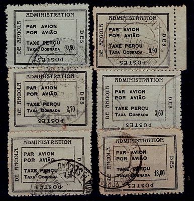 Angola 1945 Airmail Surcharge, legend "taxe perçu / fee charged". Set of 6 labels on smooth 