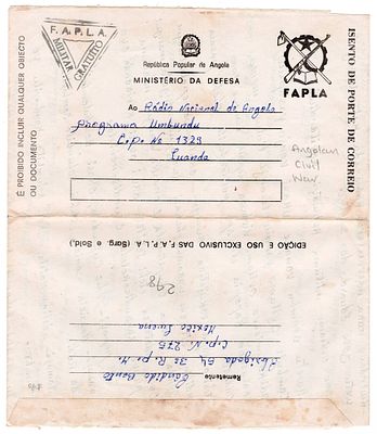 Angola Letter sent from the Ministry of Defense of the People's Republic of Angola, in an 
