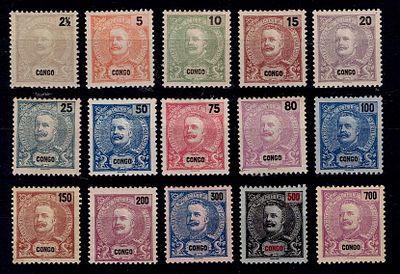 Congo 1898-1901 D. Carlos I, Mouchon type. Complete series Mf#14-28 of new stamps, with gum and 
