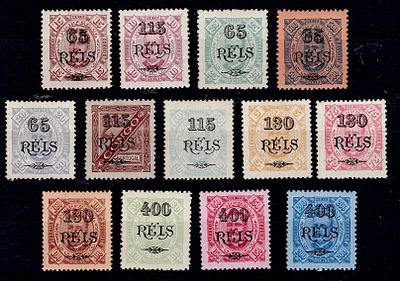 Congo 1902 D. Carlos I, with surcharge. Complete series of stamps Mf#29-40, from 65 reis s/ 15 