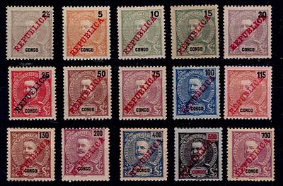 Congo 1911, D. Carlos with Republic overprint. Complete series Mf#60-74 of new stamps with gum 