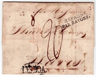 Postal History. Portugal 1822. Letter from Lisbon 20.3.1822, via Spain to Paris, entry mark 