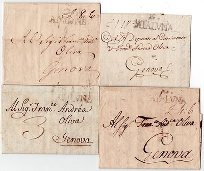 Postal History. Portugal Postmaster General. Batch of 4 letters sent from Lisbon to Genoa 