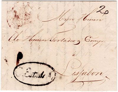 Pré-filatelia. Carta escrita a 21 Junho 1826 em Belém, a bordo de um navio em quarentena. Tem a 