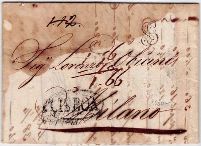 Pre-philately. Portugal, Italy. Letter sent from Lisbon on February 9, 1820, Lisbon linear mark 