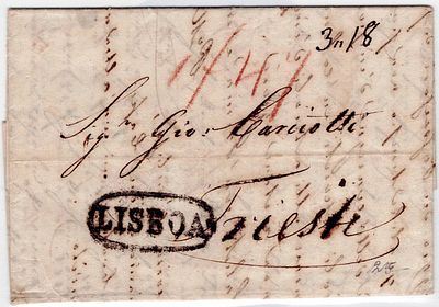 Pre-philately. Portugal Italy. Letter sent from Lisbon on 20 November 1817, by land to Trieste 