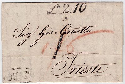 Carta expedida de Lisboa a 9.8.1817, por terra para Trieste, recebida a 2.9. Porte italiano de 