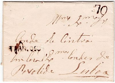 Pre-Philately Portugal, Trancoso TCS2 (rar2) sepia, 28.11.1837, postage 70, to Lisbon.