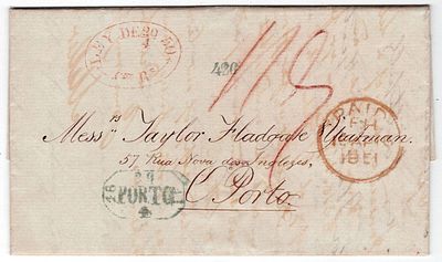 Portugal Pré-filatelia. Carta escrita em Londres a 16 Abril 1851 pagando o porte do paquete de 