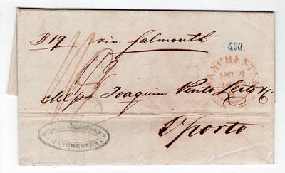 Pre-philately. Sea mail. Letter from Manchester 8.10.1842, via Falmouth, English postage ½, to 