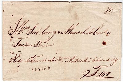 Pre-philately. TAVIRAthe sepia LF TVR2 rar5 in a letter cover from Tavira, undated to Faro 